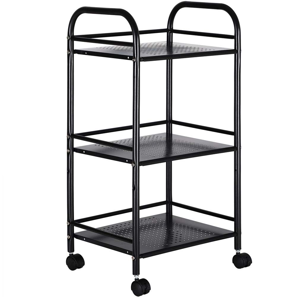 BAKAJI Metal Storage Trolley for Bathroom, Kitchen, Hairdresser or Beautician, 4 Swivel Wheels, 3 Shelves, Size 40 x 35 x 75 cm, Multifunctional Trolley 3 Levels (Black)