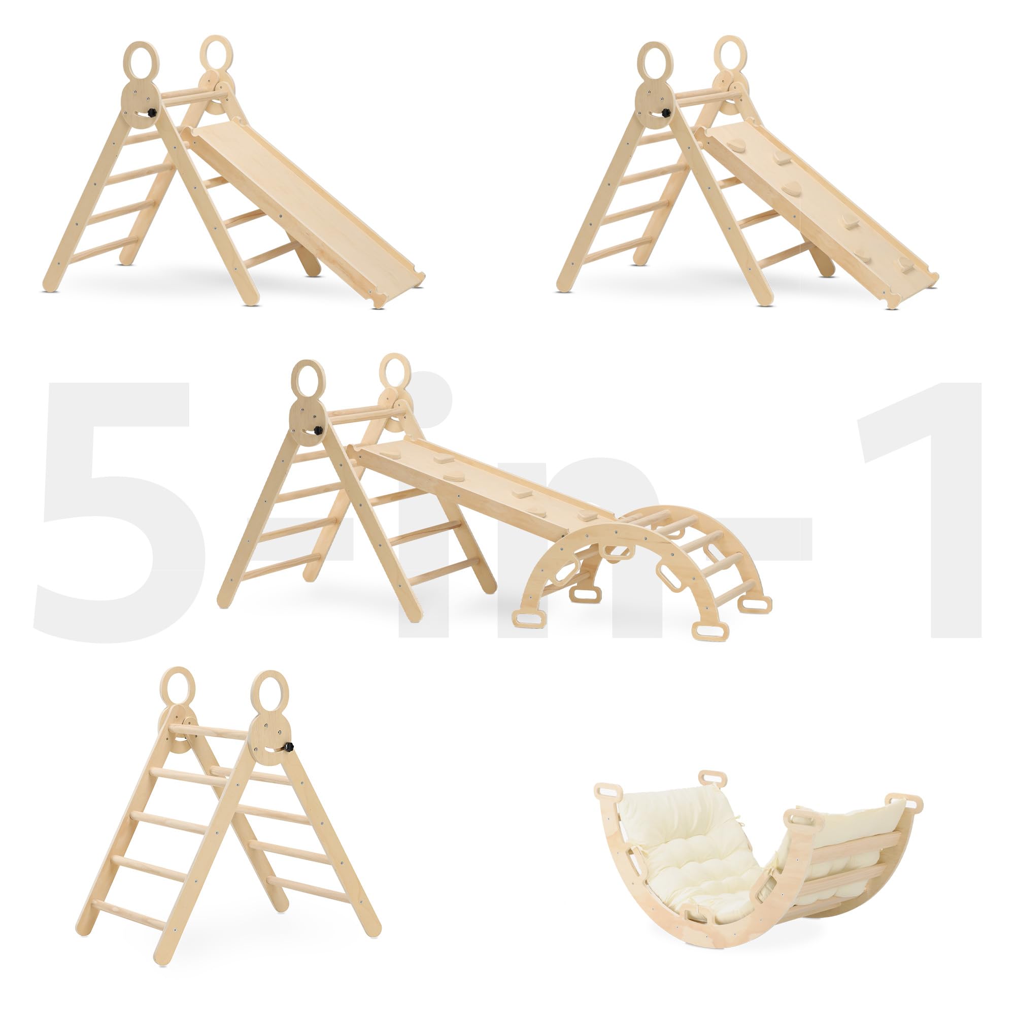 Deryan Montessori Triángulo de Escalada con tobogán y Arco de Escalada, Juguete Plegable para Interior de Madera, triángulo de Escalada con rampa, para niños a Partir de 1 año, con colchón - Madera