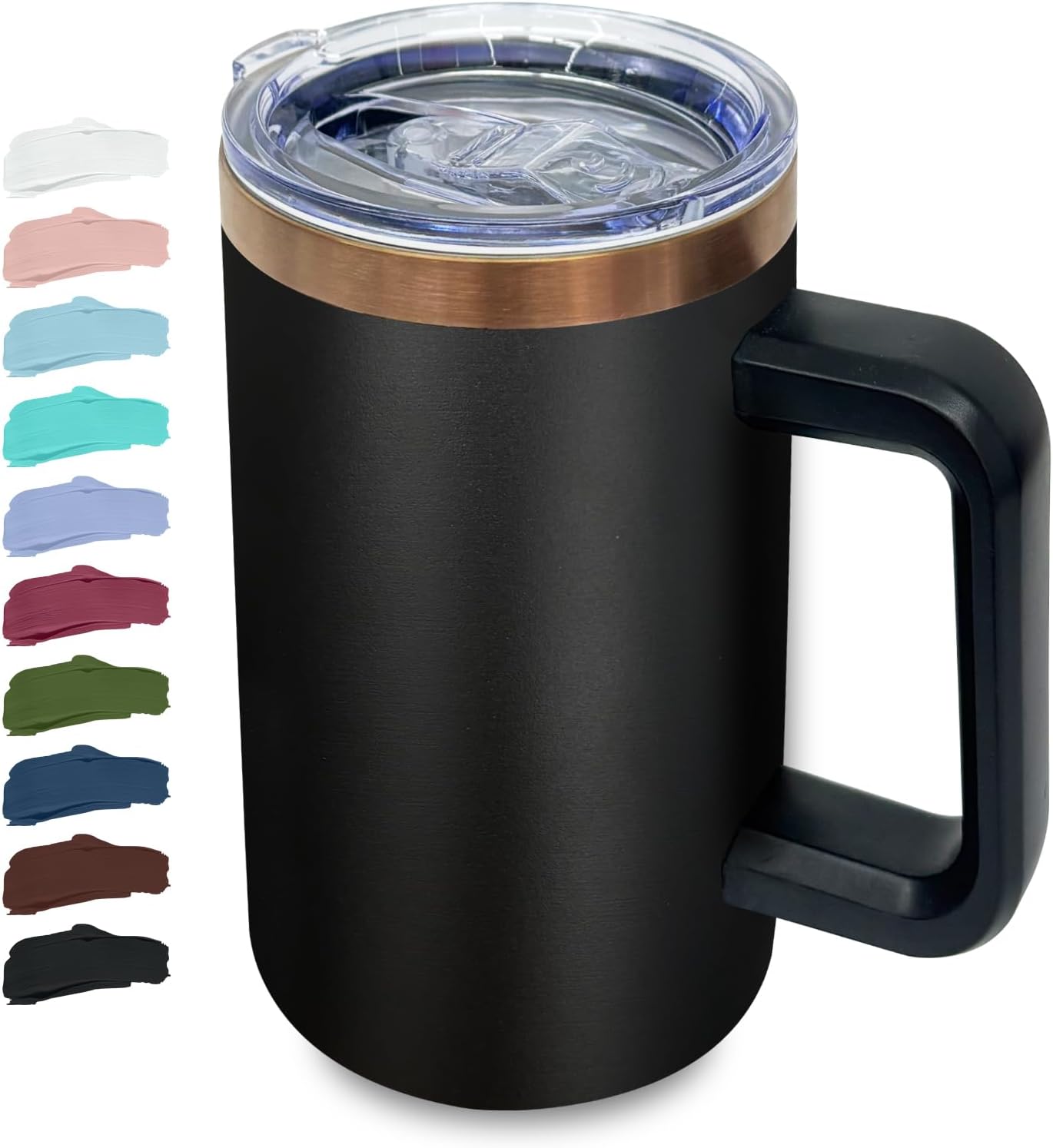 20 oz Insulated Coffee Mug with Lid, Stainless Steel Coffee Tumbler Bulk, Double Wall Vacuum Travel Mug with Handle, Leakproof Powder Coated Coffee Cups for Hot and Cold Drinks (Black,1 pack)