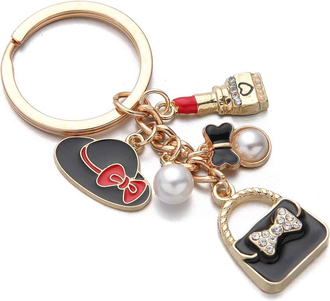 PHAETON 10PCS Keychains with Hat, Lipstick, Pearl, Bow, Handbag Pedant for Women Enthusiast Keychain Set Makeup Lovers Gift Cosmeticians Gift Make up Decoration Favor - Image 3