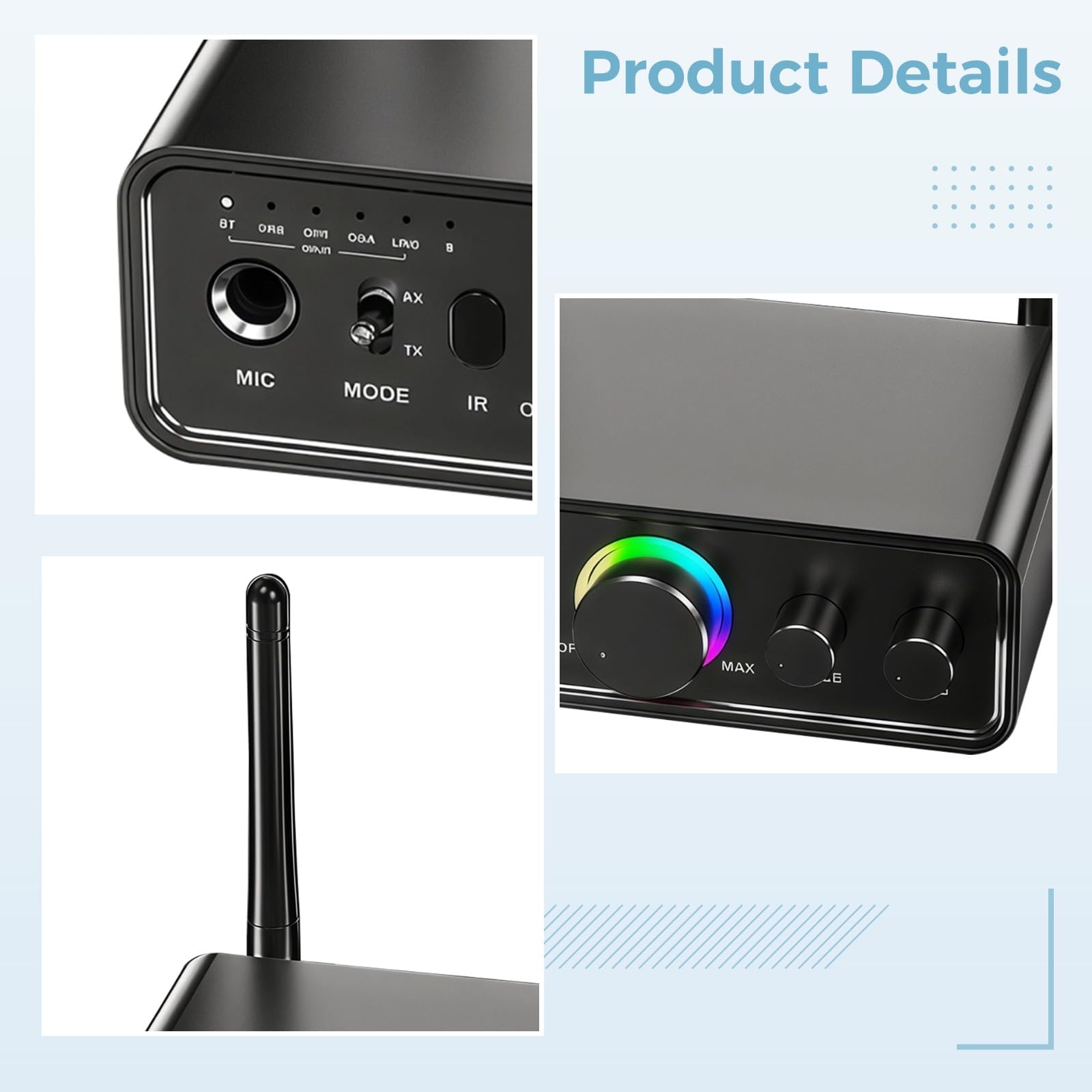 Adattatore Wireless 5.3 Ricevitore e Trasmettitore, Mini Amplificatore con Batteria al Litio da 1200 mAh, Supporta AUX, RCA, Ottica, USB, Audio ad Alta Fedeltà, Ideale per Home Audio, Karaoke e