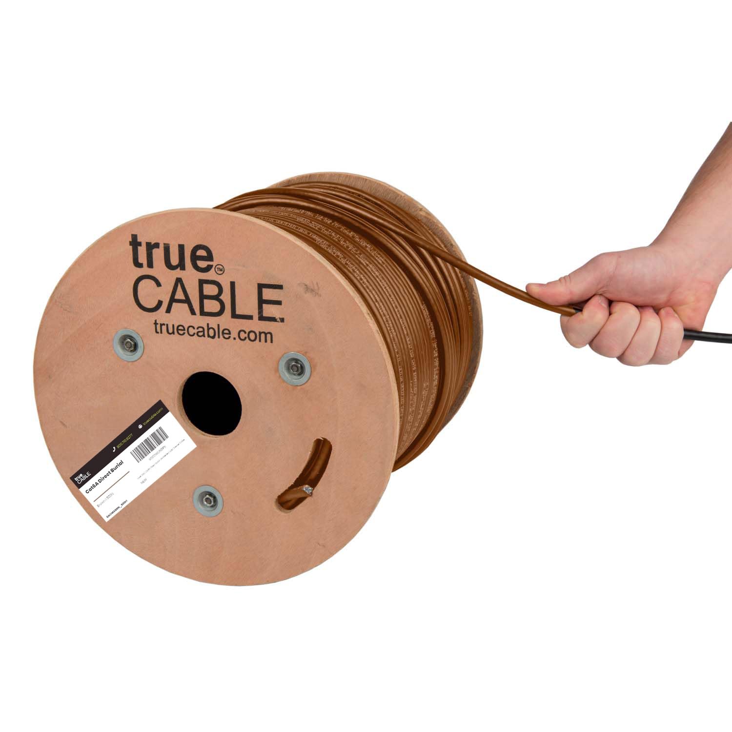 TRUE CABLE Cat6A Direct Burial Bulk Ethernet Cable, 500ft, Brown, Waterproof, Outdoor Rated OSP, 23AWG Solid Bare Copper, 750MHz, PoE++ 100W,