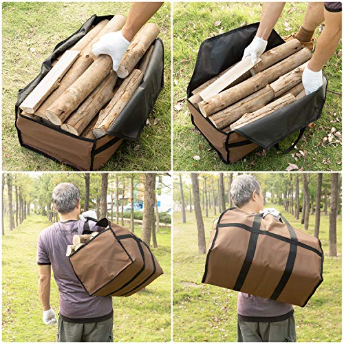 Petutu Firewood Carrier 2 Pack, Large Canvas Log Carriers Tote, Fireplace Wood Holder Accessories(Brown) #TOP6
