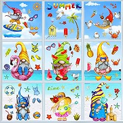Summer Window Clings Gnome Stickers - Beach Watermelon Lemon Tropical 9 Sheets Window Decals Anti-Collision for Kids,for Glass Car Summer Party Decoration (82pcs)