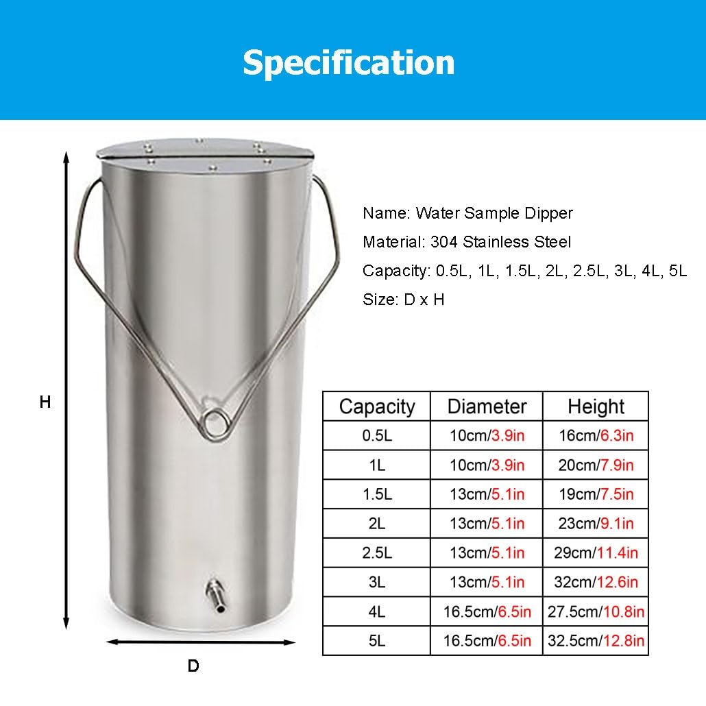 Muestreador de agua de 0,5 a 5 L con cucharón oscilante, sistema de muestreo de agua con cucharón de acero inoxidable 304 de gran espesor, vaso de precipitados(5L-16x32cm)