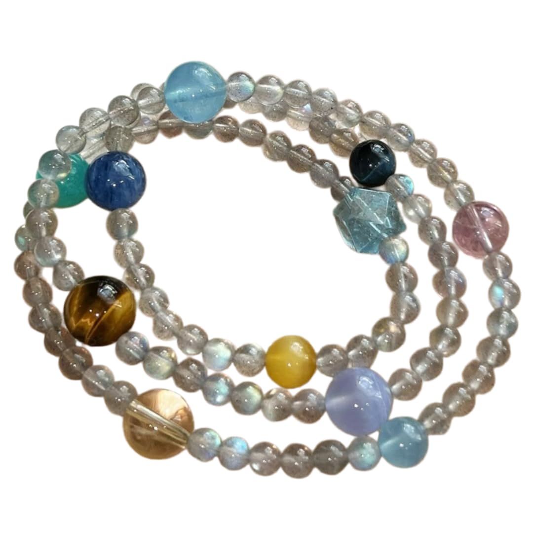 Bracelet Perles Bracelet Triple Rang Multicolore En Pierre De Lune Grise Et Aigue Marine