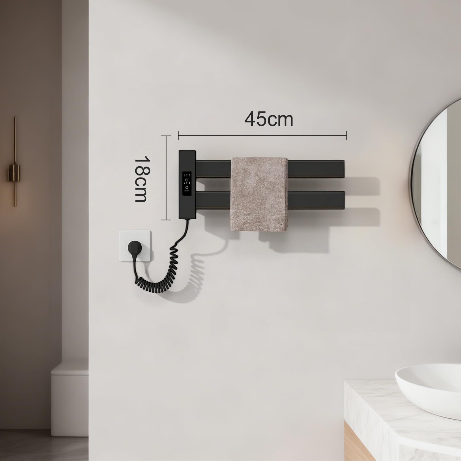 Secador de toallas eléctrico de pared, 2/4/8H, temporizador, pantalla táctil LED | 80 W - Calentador de toallas de temperatura ajustable 50/60/70 ℃, 45 x 18 cm secador toalla eléctrica, calentador de baño