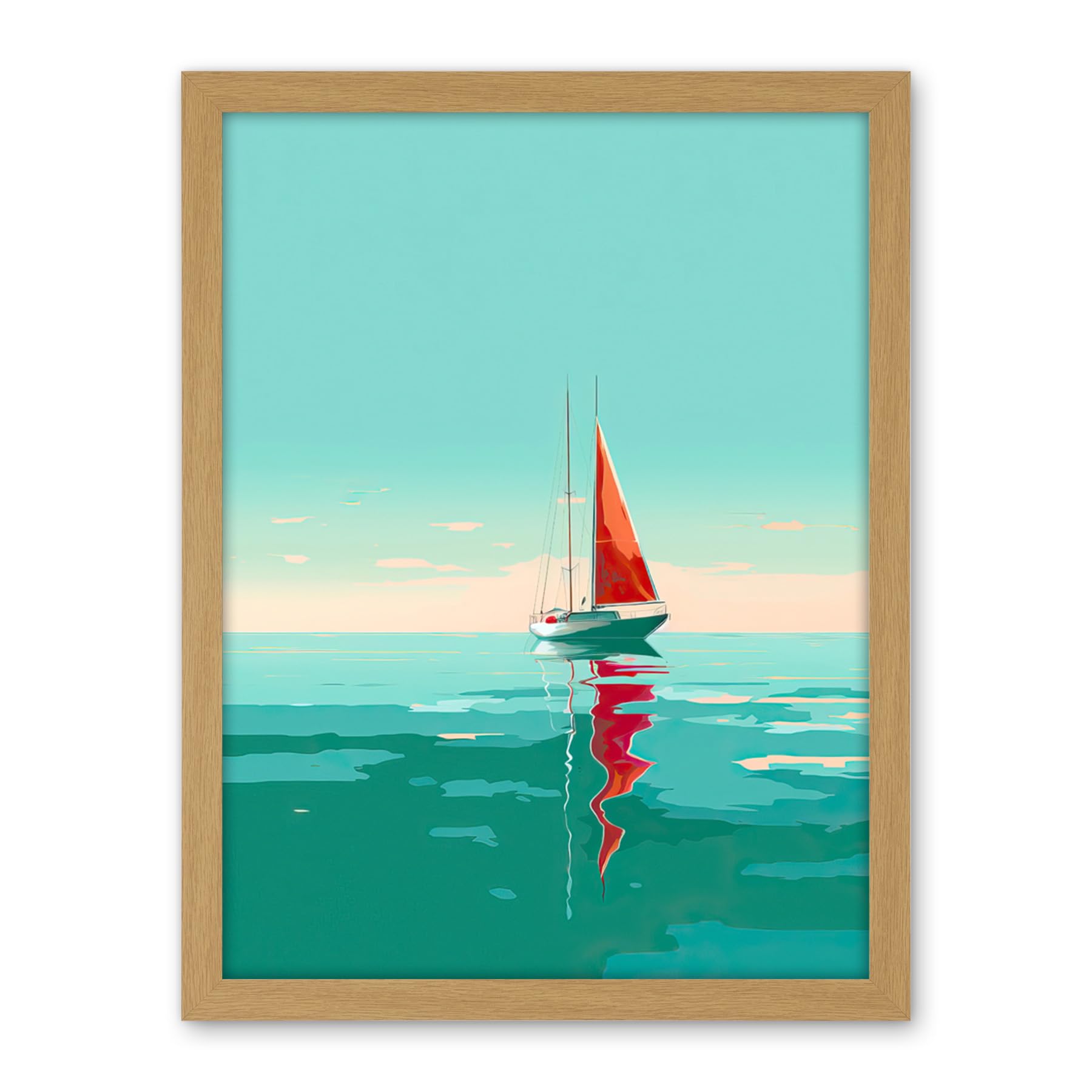 Artery8 A Sailboat with a Red Sail Sailing on a Calm Sea Artwork Framed Wall Art Print 18X24 Inch