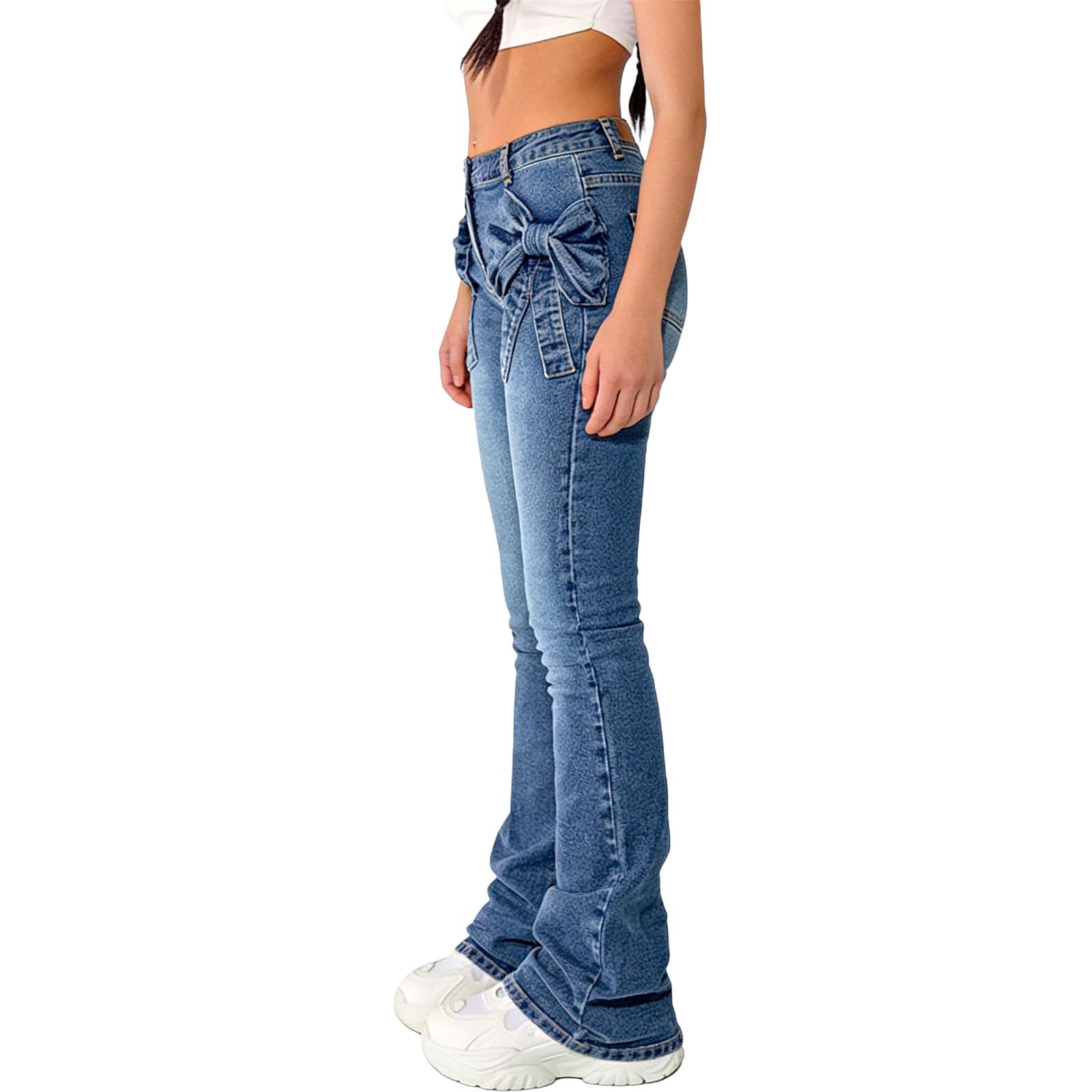 HAOLEI Vaqueros Acampanados Niña,Moda Cintura Medio Pantalones Vaqueros Ajustados con Lazo 3D Casual Slim Fit Y2K Pantalon de Mezclilla para Adolescentes Chica Versátil Bootcut Jeans 6-13 Años