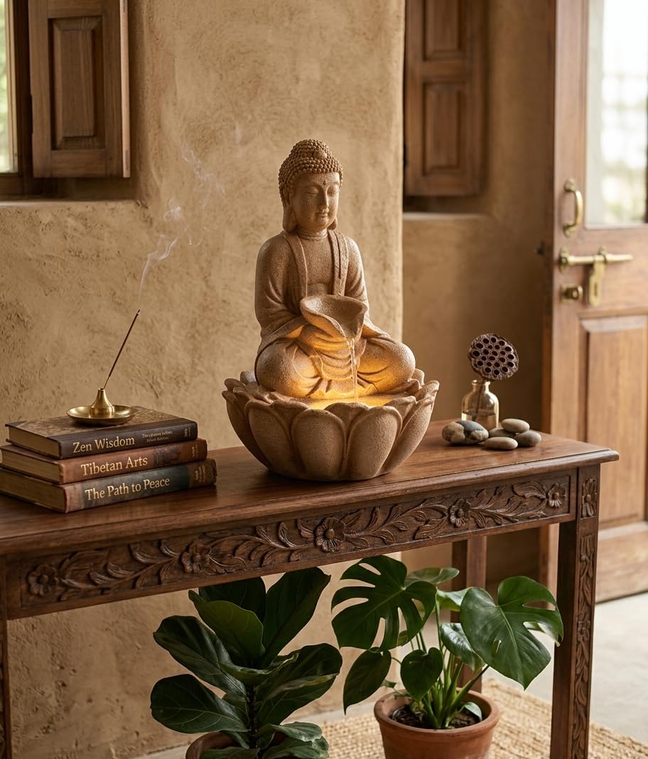 Ani Divine Calming Polyresin Lotus Buddha Water Fountain Meditating Idol Showpiece for Home Decor, Living Room, Garden Styling, Housewarming Gift-image-45
