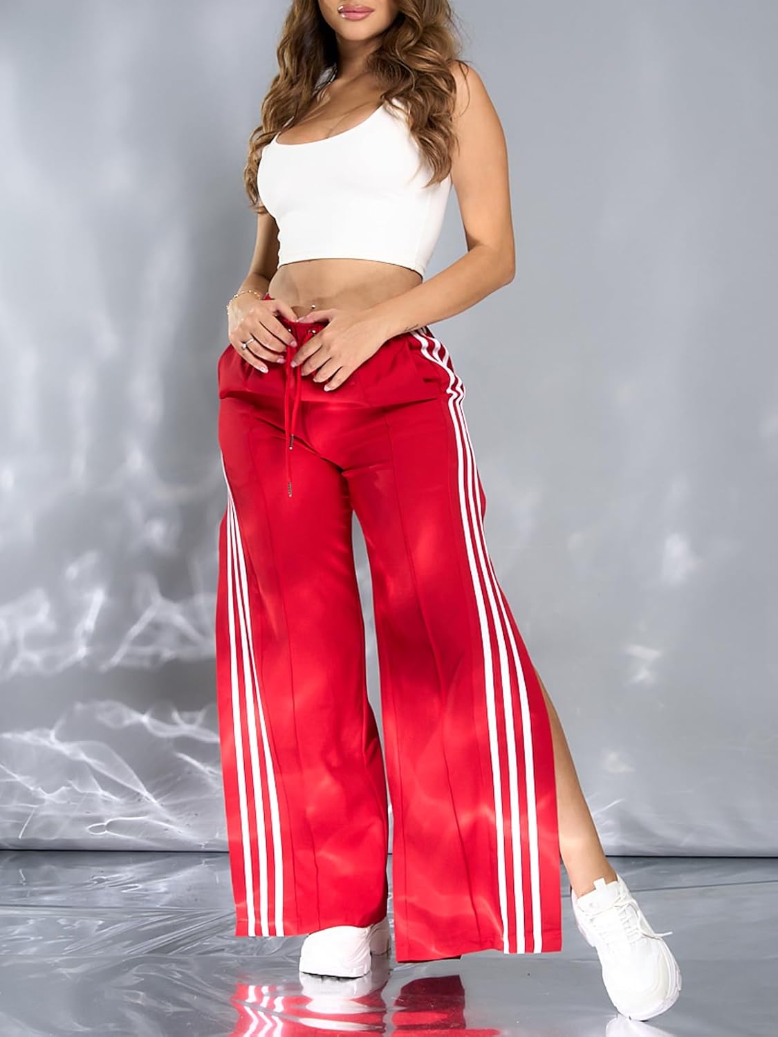 Angsuttc Wide Leg Pants Women Drawstring Side Split Sweatpants with Stripes Casual Elastic High Waist Long Pant - Image 4