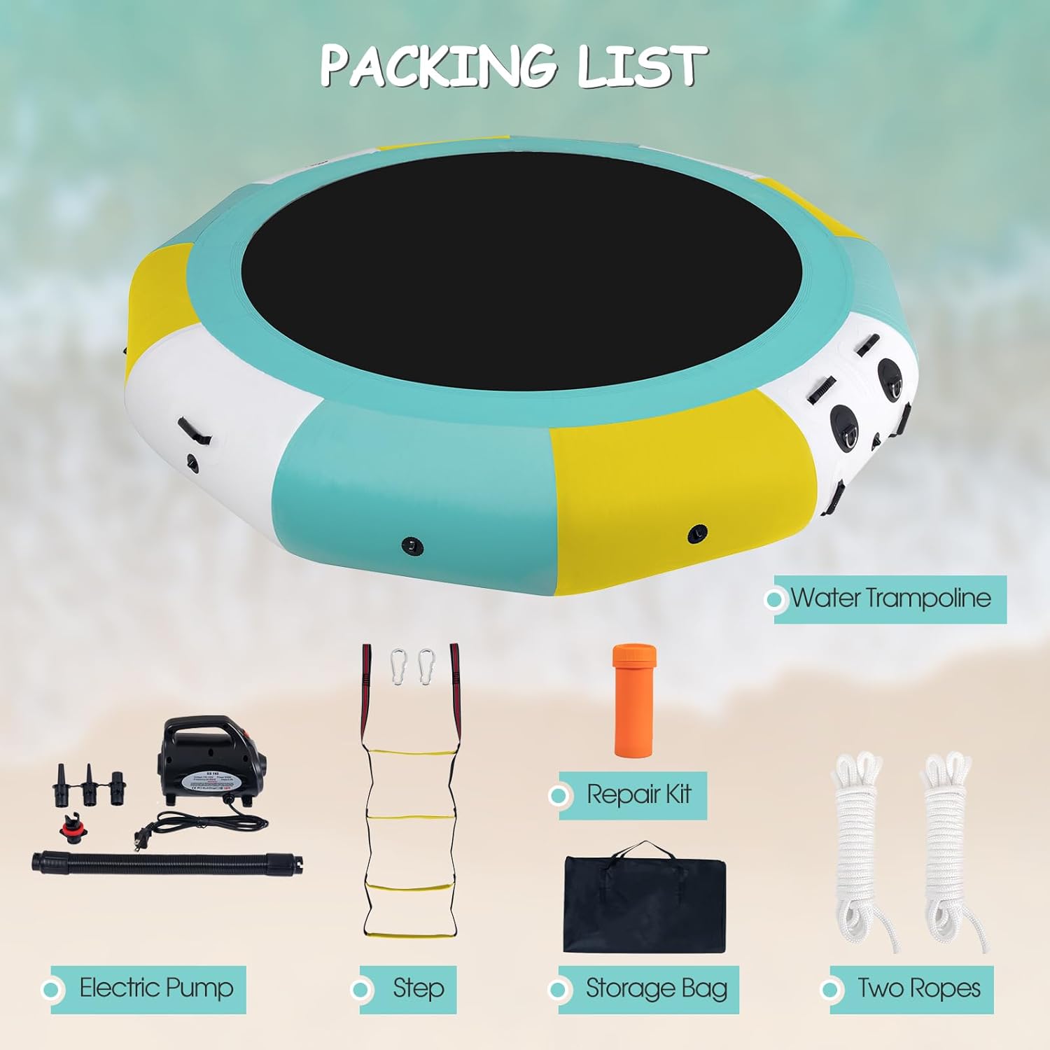 COOLWAVE Inflatable Water Trampoline for Lake 10 FT Floating Water Trampoline for Adults with 4-Step Rope Ladder and Mooring Ropes (Yellow-Green, 10FT)