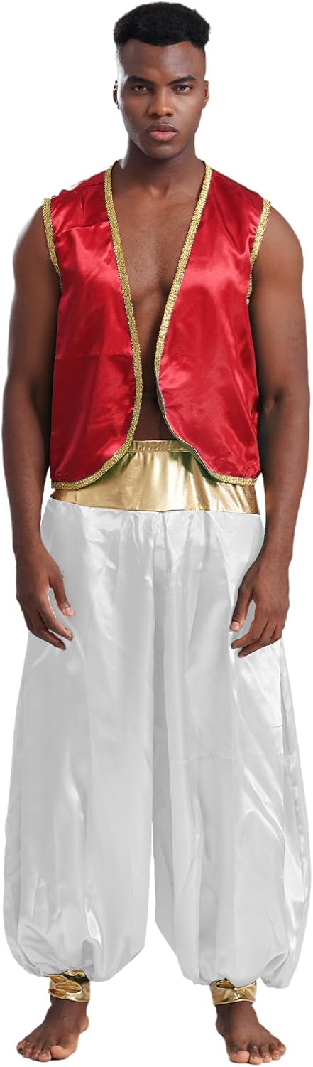 iiniim Mens Arabian Prince Stain Vest Gold Trim Open Front Waistcoat with Lantern Long Pants Cosplay Costumes