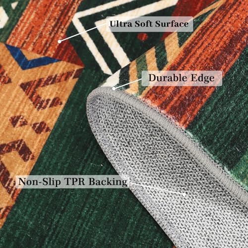 GarveeHome Vintage Living Room Rug 8x10 Green Area Rugs Machine Washable Geometric Patchwork Carpet, Non-Slip Non-Shedding Foldable Tribal Floor Cover for Bedroom, Classroom, Dining Room, Kid Playroom