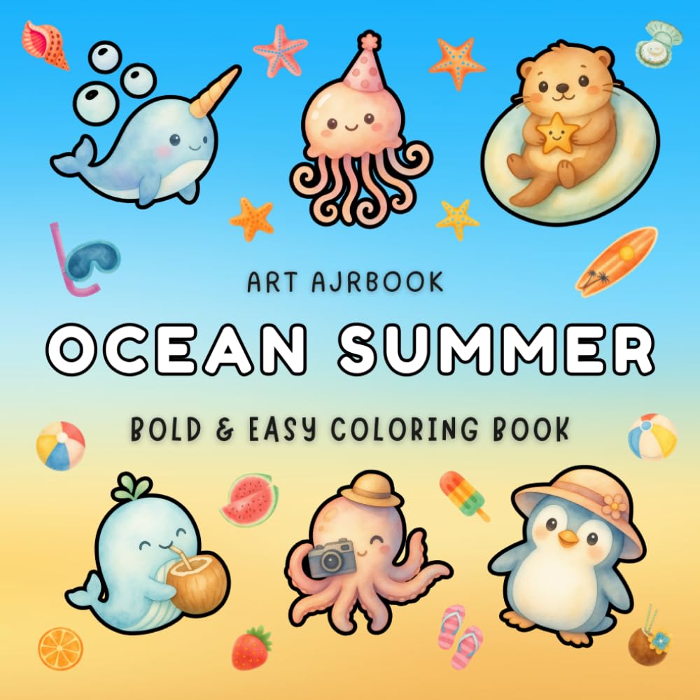 OCEAN SUMMER: Bold & Easy Coloring Book for Kids Ages 3-8 | 50 Simple Marine Animals, Sea Creatures & Beach Activities for Toddlers, Preschoolers & Early Learners