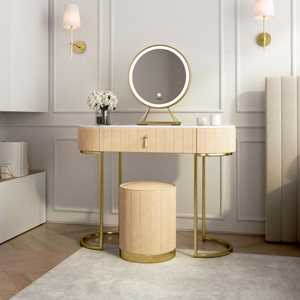 CARMEMiami Deco Velvet Dressing Table with LED Light Mirror Touch Sensor 1 Drawer Stool Set Upholstered Vanity Makeup Table Bedroom Modern Dresser (Miami Deco Cream)