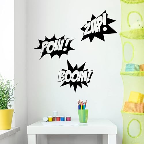Calcomanía de vinilo para pared, Boom Zap Pow, 12 x 27 pulgadas, calcomanía divertida de superhéroe inspirador de moda para el hogar, dormitorio,