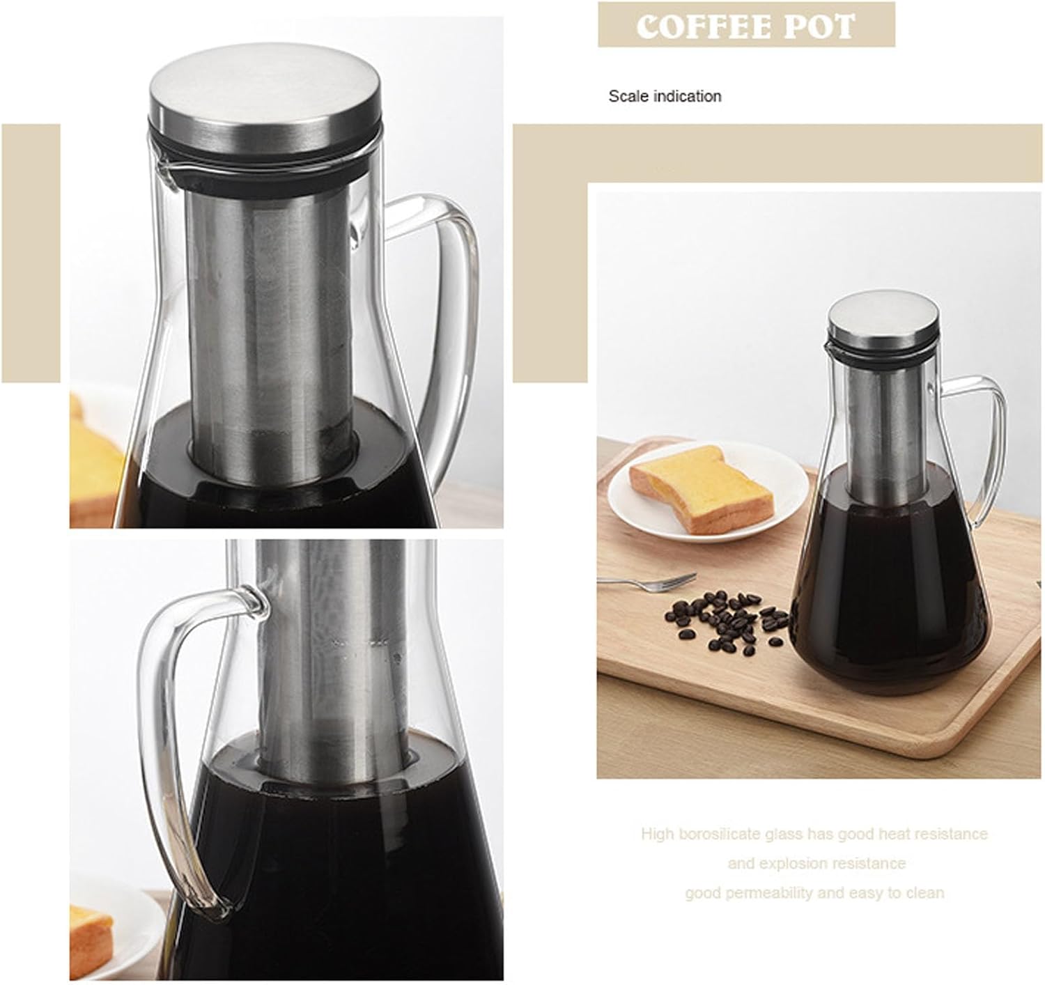 Cold Brew Coffee Maker, 54oz Thick Borosilicate Glass Tea Pitcher with Stainless Steel Filter Dishwasher Safe Airtight Homemade Fruit Drinks Container for Iced Coffee (1600ML)