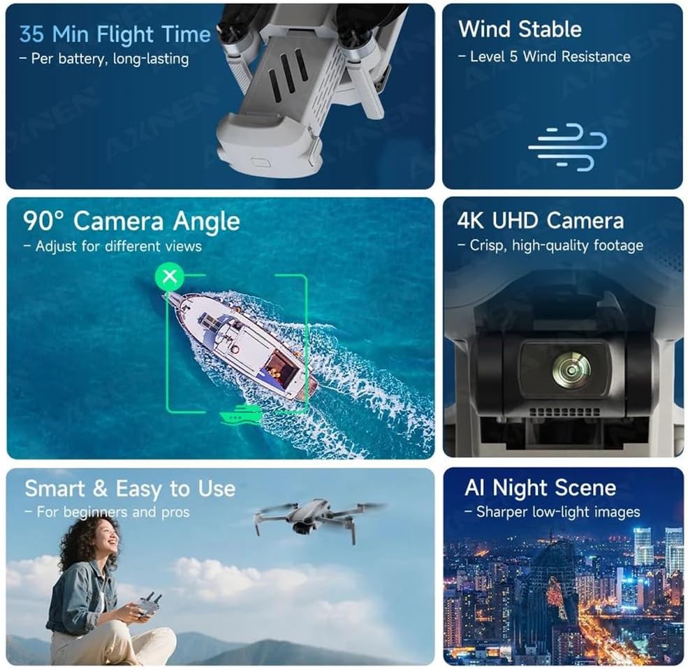 Infographic detailing FINOTI XIL 017 drone features: 35 min flight time, Level 5 wind resistance, 90° camera angle, 4K UHD camera, Smart & Easy to Use, AI Night Scene.