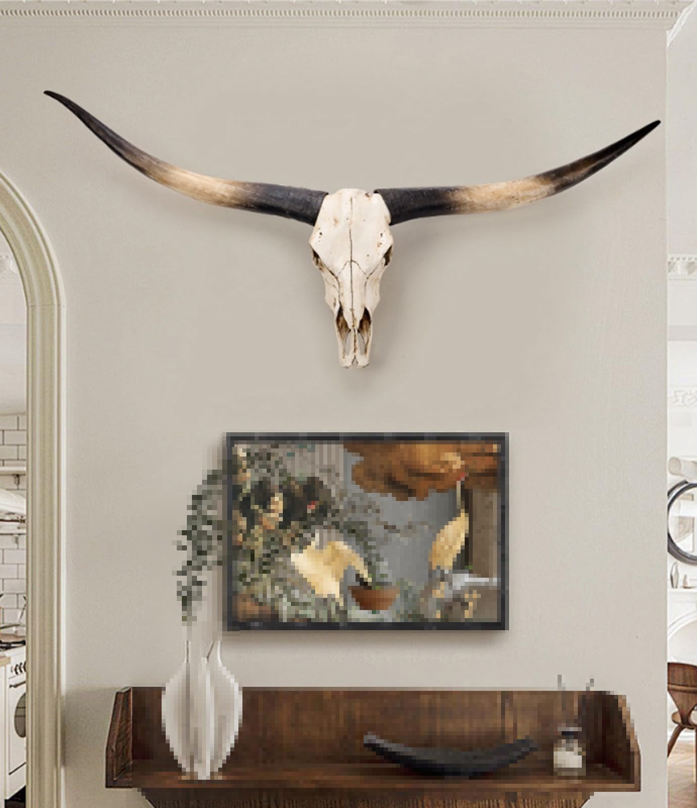 Żywiczna dekoracja ścienna w kształcie krowy czaszka z długimi rogami, 3d rzemiosło ozdoby bardzo duże z otworem do zawieszania (D-178 x 70 cm/70 x 27,5 cala)