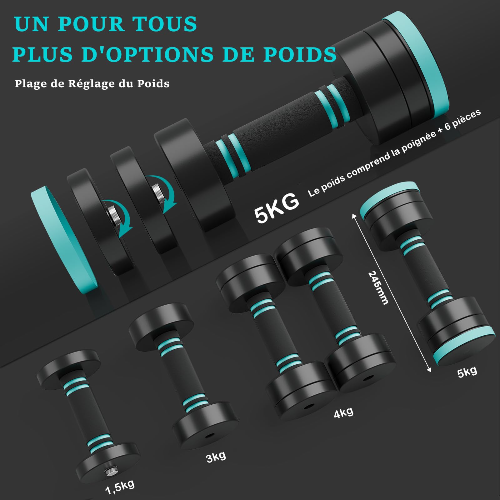 Dripex Haltères Musculation Réglables Compacts en Acier 2,5kg - 30kg