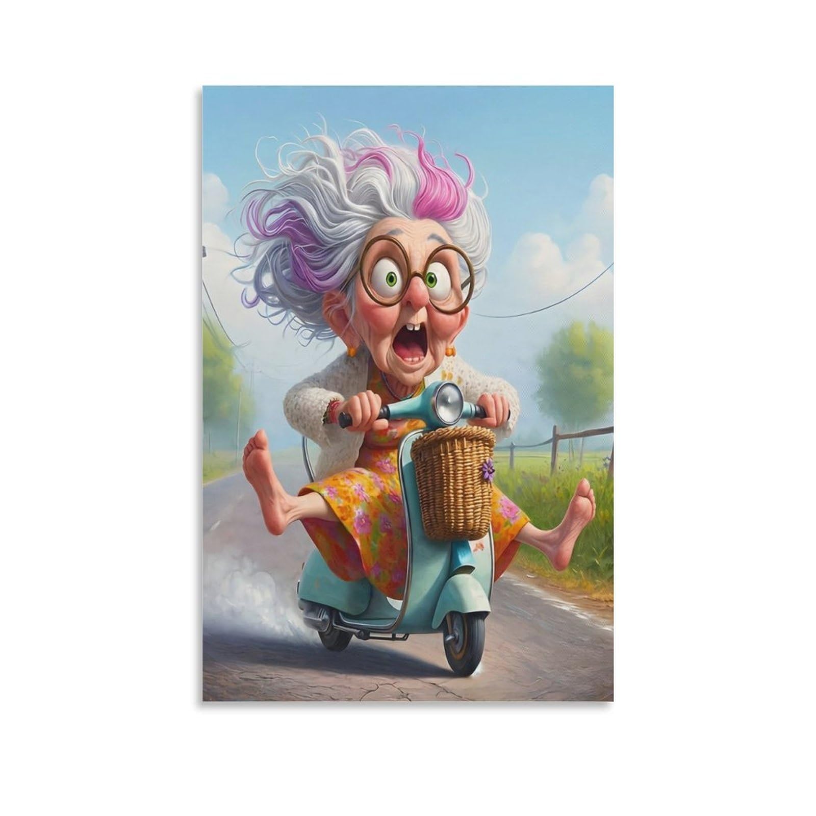 DHBANEIOK Elderly Woman Riding Scooter Poster Artwork Canvas Prints Picture Modern Canvas Wall Art Picture Wall Hanging for Living Room Bedroom Home Decorations 20x30inch(50x75cm)
