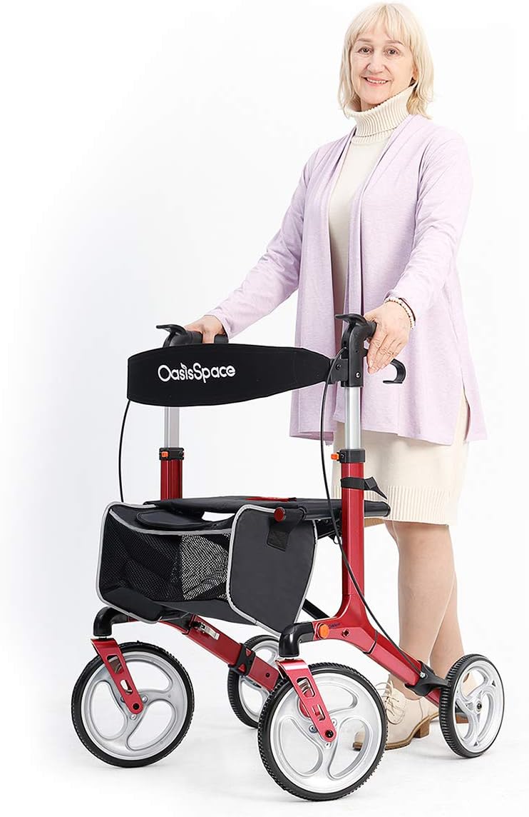 OasisSpace Aluminum Rollator Walker, with 10'' Wheels and Seat Compact Folding Design Lightweight Baking (Blue) : Health & Household
