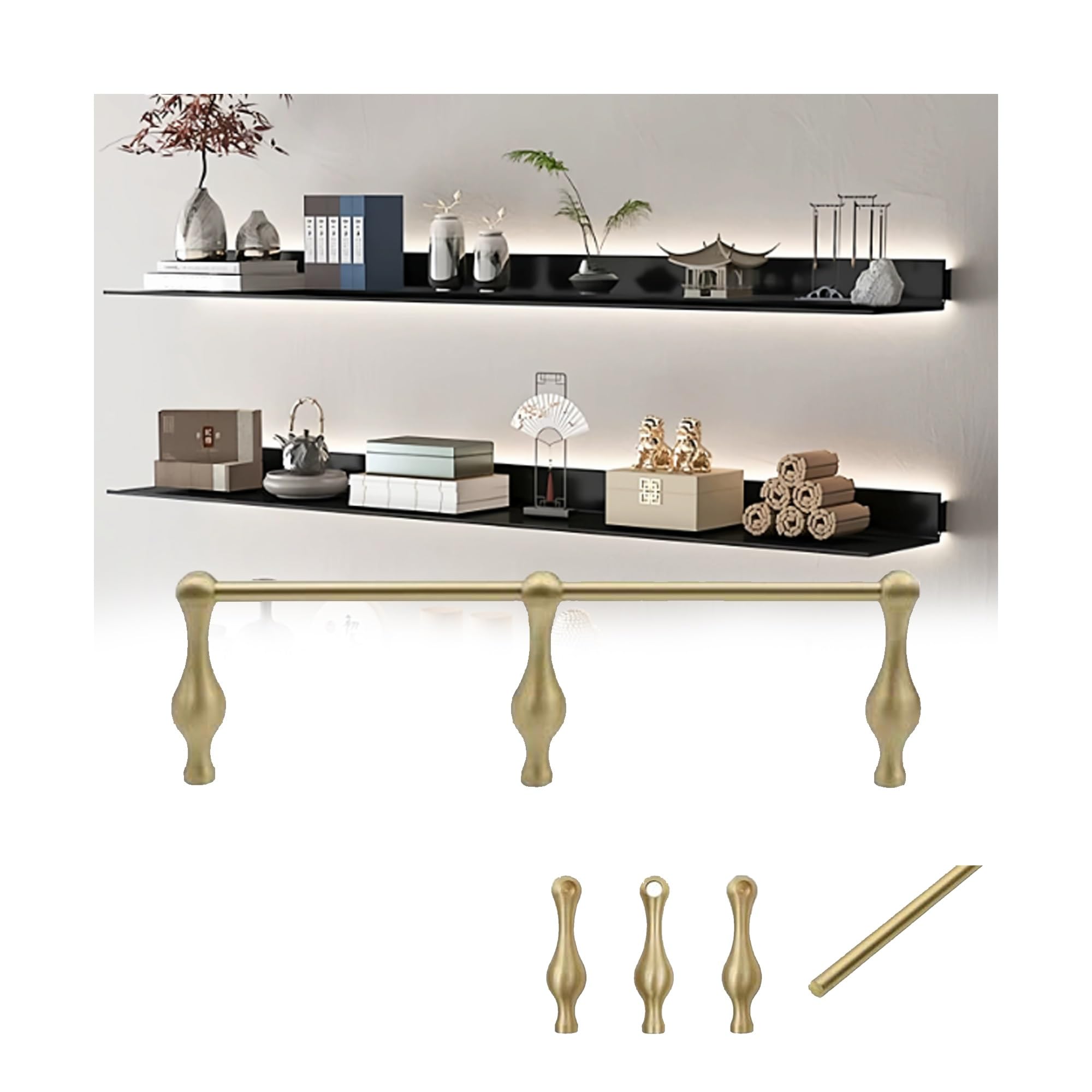 NIUSABOU Aluminum Shelf Guard, Brass Gallery Tipp Rail - Gold, 8-38in Kitchen, Bookshelf, Closet, Wine, Shoe Rack(Gold a,8in/20cm)