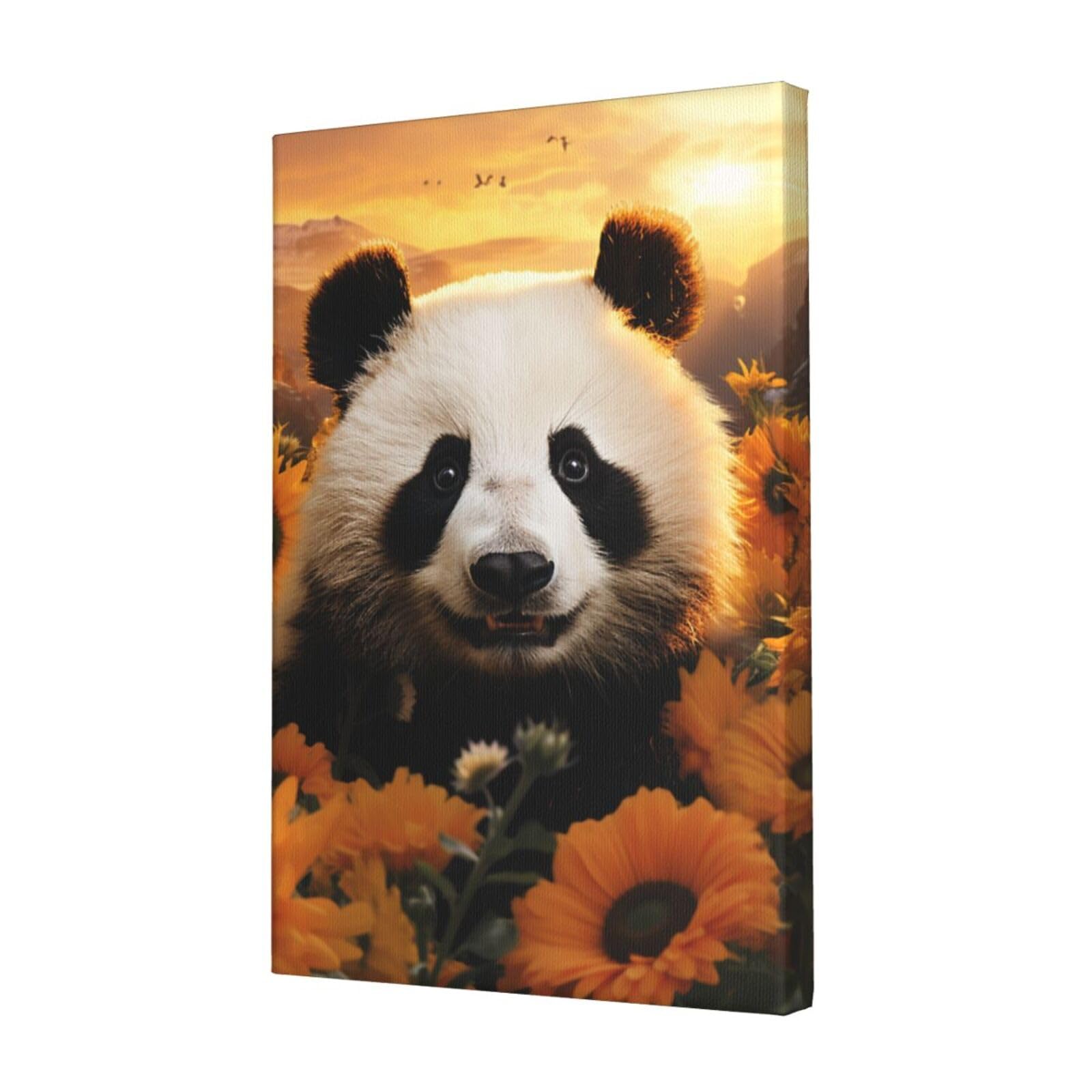 FodPand Panda and Sunflower Canvas Wall Art for Living Room Wall Decor 12"x18" Modern Artwork Painting Pictures Hanging Canvas Prints Aesthetic Wall Art for Bedroom Bathroom Office Wallart Decor