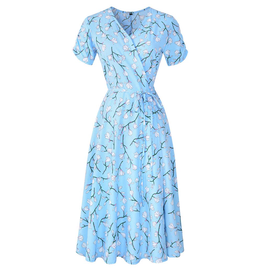 VEMOW Vestido Mujer Fiesta con Estampado Floral Festivo con Cuello en V para Mujer Vestido de Fiesta de Manga Corta