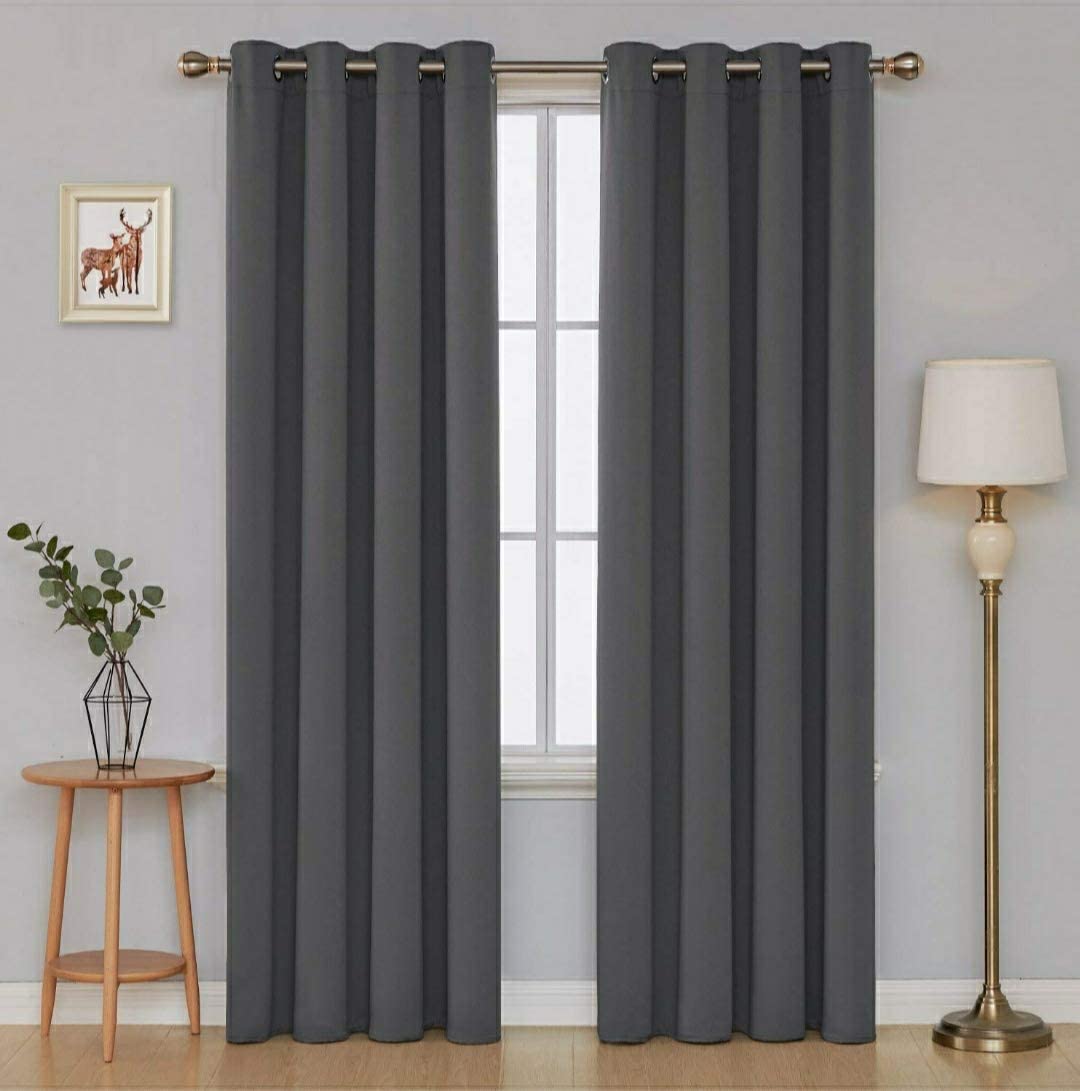 HUB Home Store Blackout Faux Silk Superior 2 Piece Plain Solid Long Door Curtains, Grey, 9 Feet