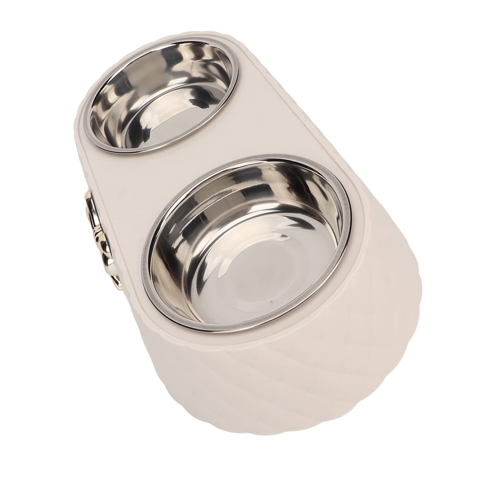 Akozon Stylish Bow Tie Pet Double Bowl Set - Stainless Steel Dog and Cat Feeding and Watering Bowls (Cream) - Image 4