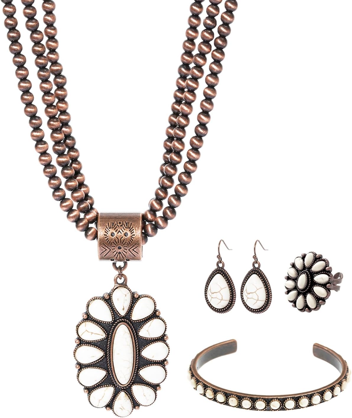 TOPACC Navajo Pearl Necklace Western Jewelry Set for Women Turquoise Necklace with Earrings Ring Cowgirl Accessory