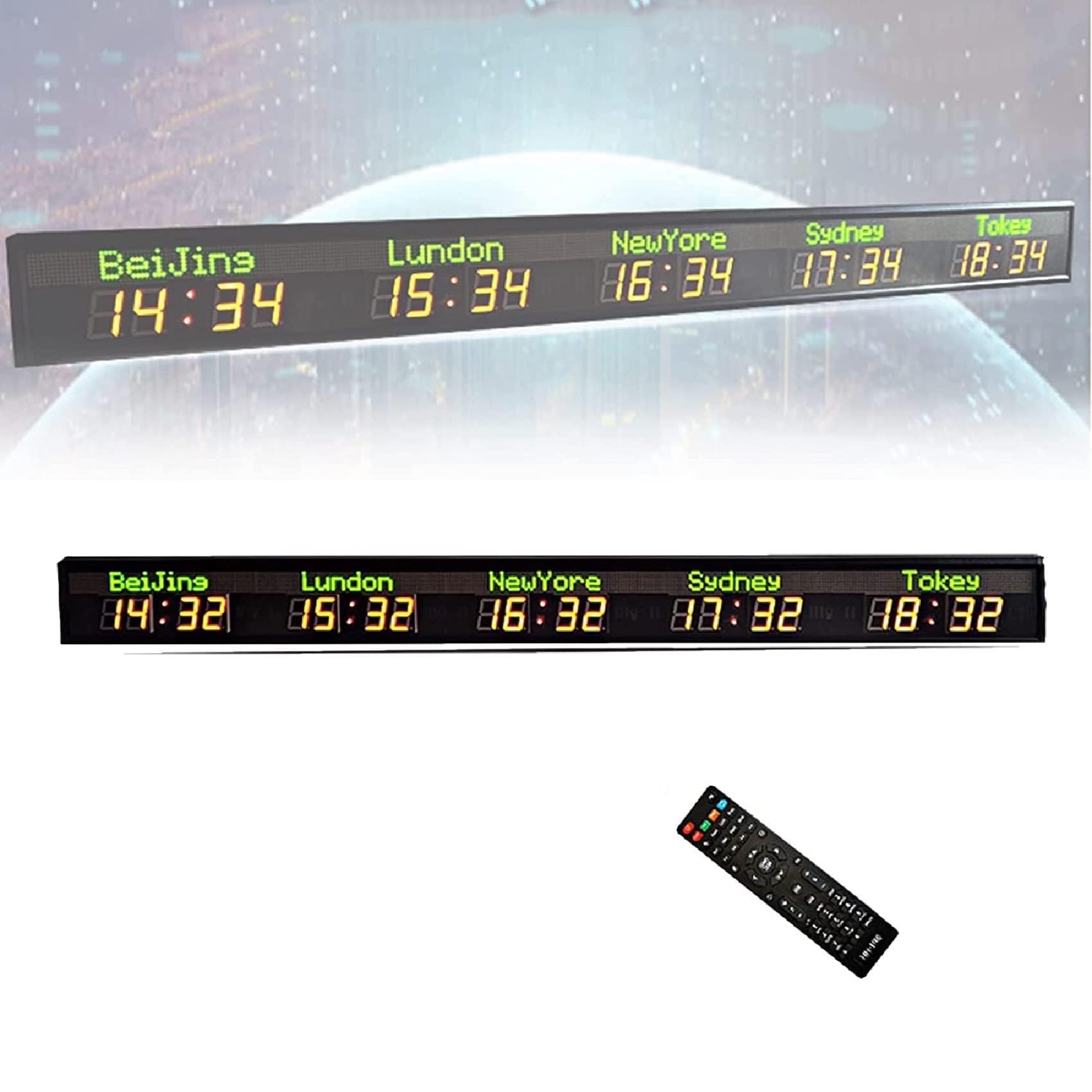 Zegar światowy, 5 stref czasowych miasta Czerwony LED Cyfrowy zegar ścienny z czasem światowym Wewnętrzny kolorowy wielostrefowy zegar ścienny z czasem światowym do biura/domu/salonu/szkoły