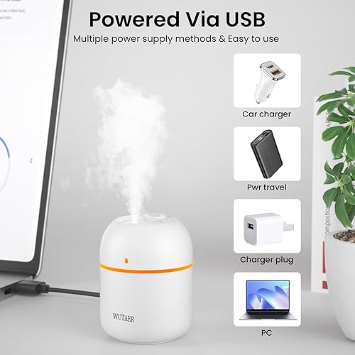 Vista 5 de Humidificador pequeño portátil, humidificador de escritorio personal USB para automóvil, oficina, dormitorio, apagado automático, 2 modos de niebla