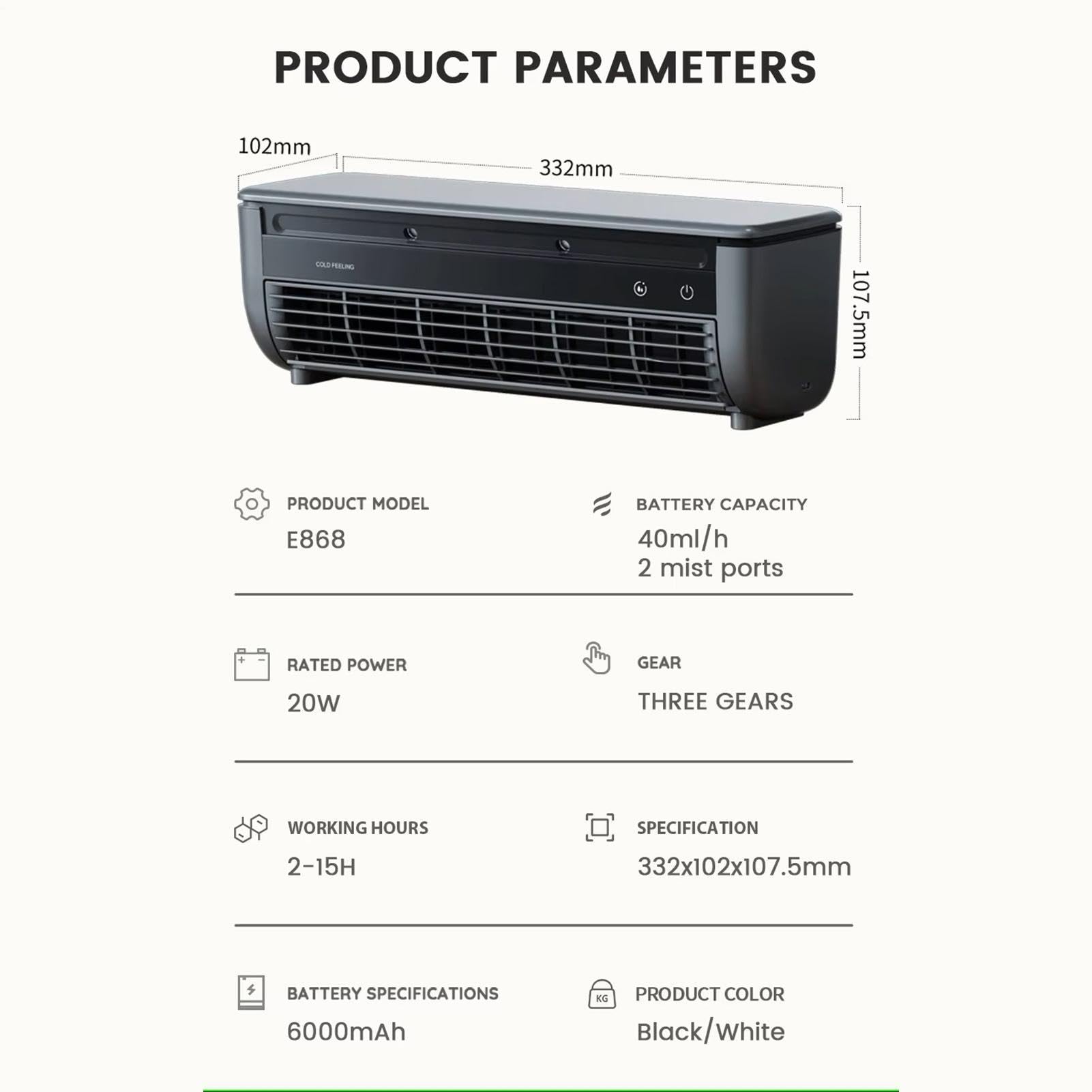 Wandmontierter Klimaanlagenventilator, Kabelloser USB-wiederaufladbarer Luftkühler mit 3 Geschwindigkeiten, tragbarer kanalloser Kühlventilator mit Fernbedienung, für Küche Zuhause
