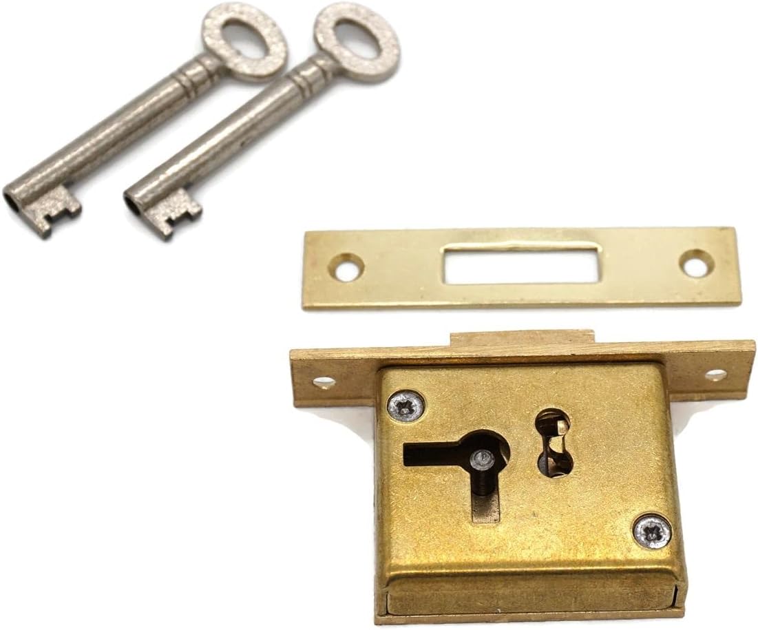 Full Mortise Lock Full Mortise Cabinet Furniture Lock Premium Quality Made of Heavy Duty Brass - Antique Lock - with Cast Brass Strike Plate - with 2 Keys - Drawer Locks and Right-Hand Doors