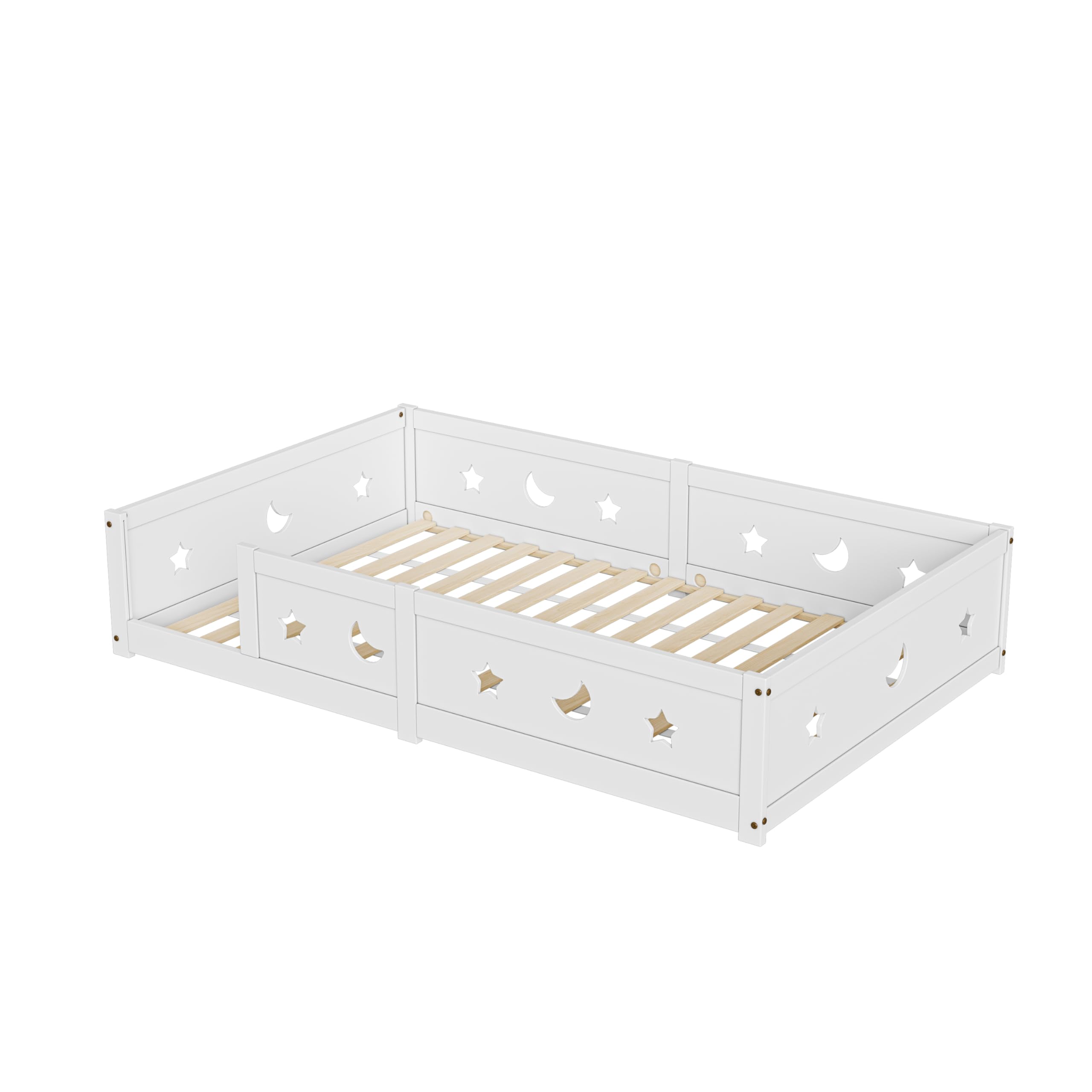 Montessori Łóżko dziecięce 90 x 200 cm, z zabezpieczeniem przed wypadnięciem i stelażem, wzór w gwiazdy i księżyc, dla chłopców i dziewczynek, z litego drewna sosnowego, białe (białe, A01, 120 x 200