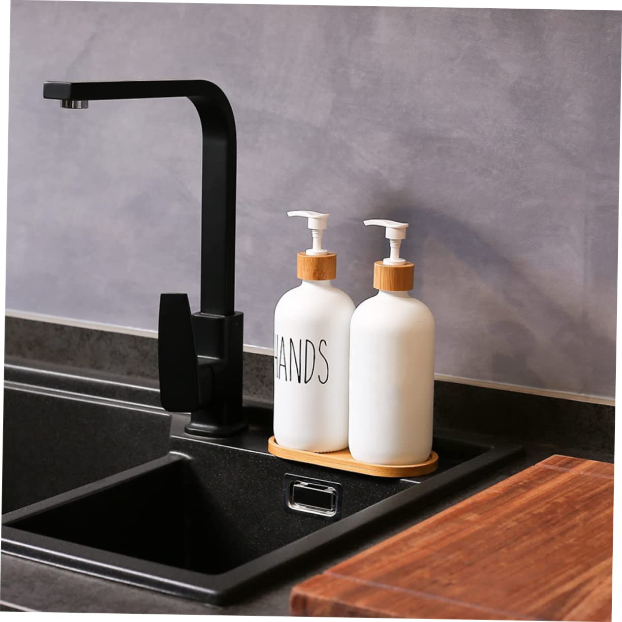 Dispensador de Jabón Líquido de Vidrio con Bomba, 1 Juego | Bandeja de Madera Incluida, para Lavabo y Ducha, Recargable Diseño de Presión