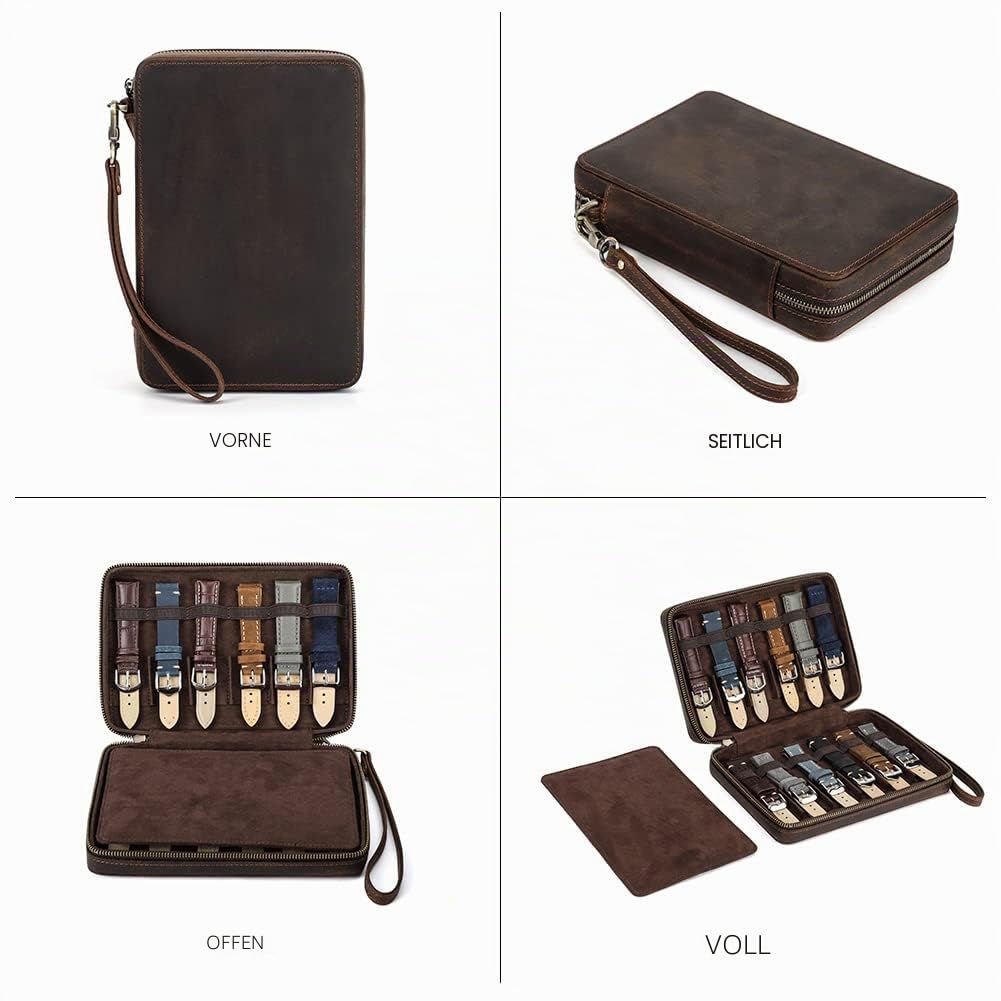 Hiram Uhrenarmband-Organizer-Tasche, echtes Leder, Reiseetui, für 12 Uhrenarmbänder, Aufbewahrungstasche, Geeignet für die Meisten Größen von Uhrenarmbändern