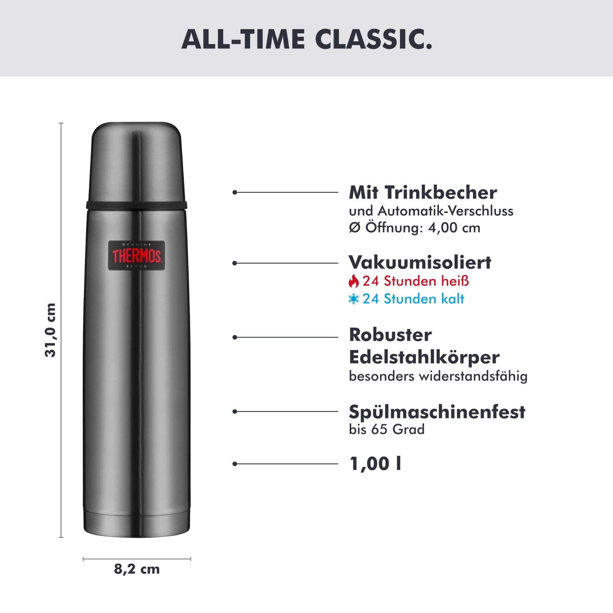 THERMOS LIGHT & COMPACT Thermosflasche 1,00 l, 24 h heiß, stone grey | 24 h kalt, mit Trinkbecher, absolut dicht, zerlegbarer Automatikverschluss, Edelstahl-Isolierflasche, grau glänzend
