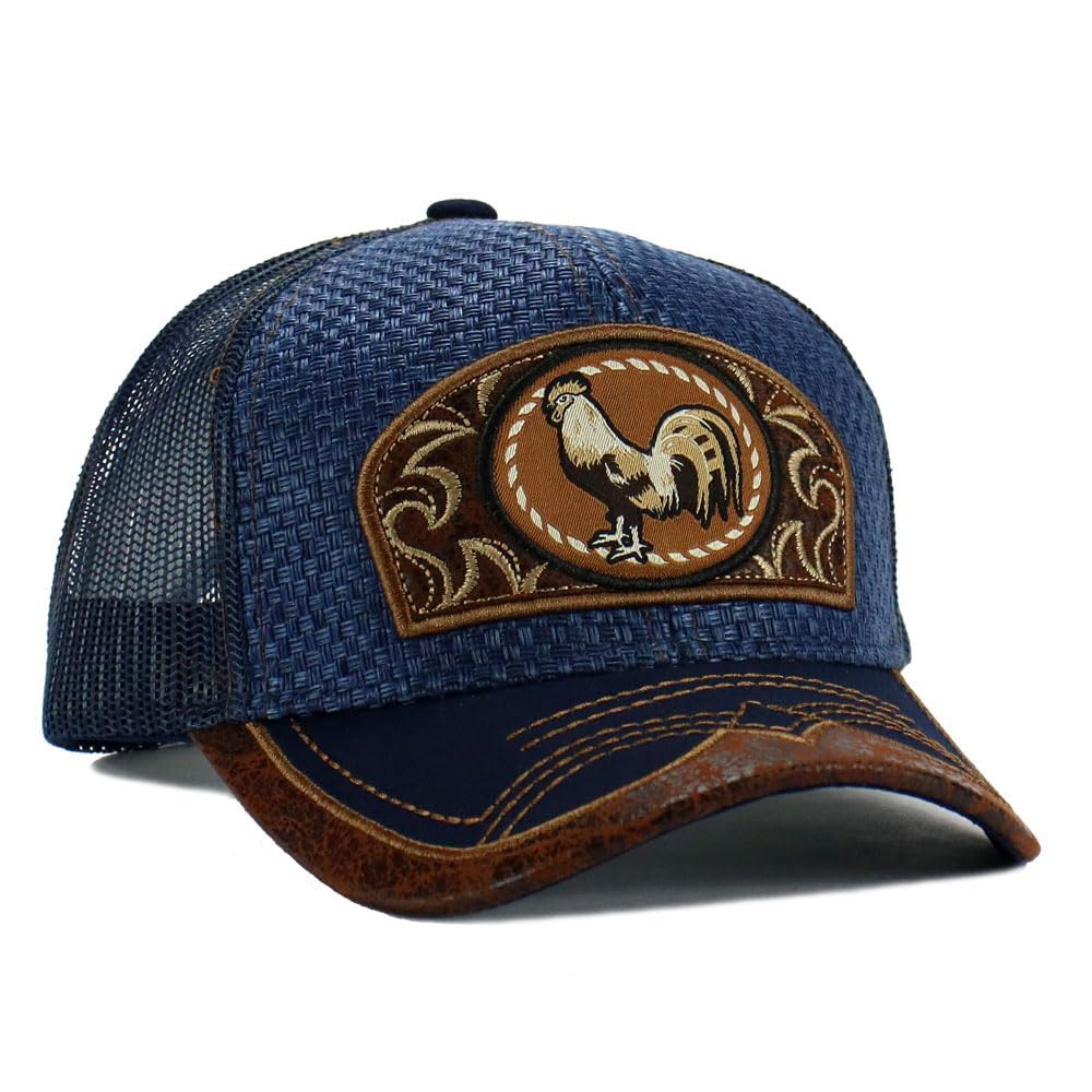 Rooster Straw Cap Mexico Western Style Embroidery Trucker Mesh Snapback Curved Bill Baseball Cap