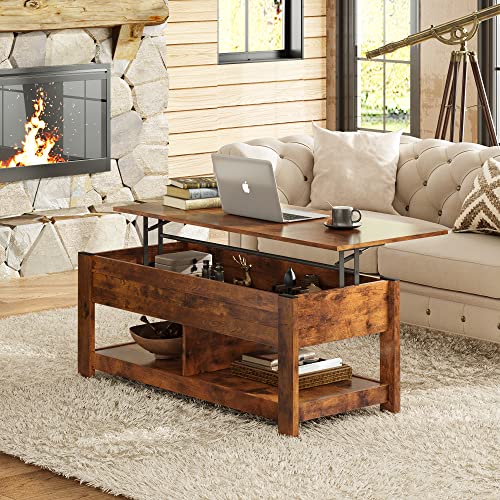 Image of WLIVE Coffee Table, 47 inch Lift Top Coffee Table with HiddenCompartment and 2 Storage Shelves for Living Room, RusticBrown