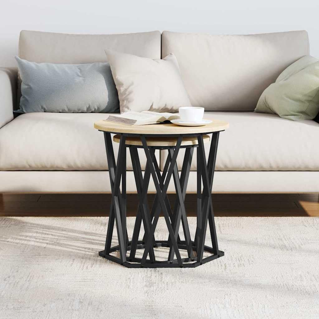 Set di 2 tavolini rotondi in rovere Sonoma, legno e acciaio | Eleganti tavolini rotondi per il soggiorno. Piano del tavolo opaco facile da pulire con robusto telaio in acciaio.