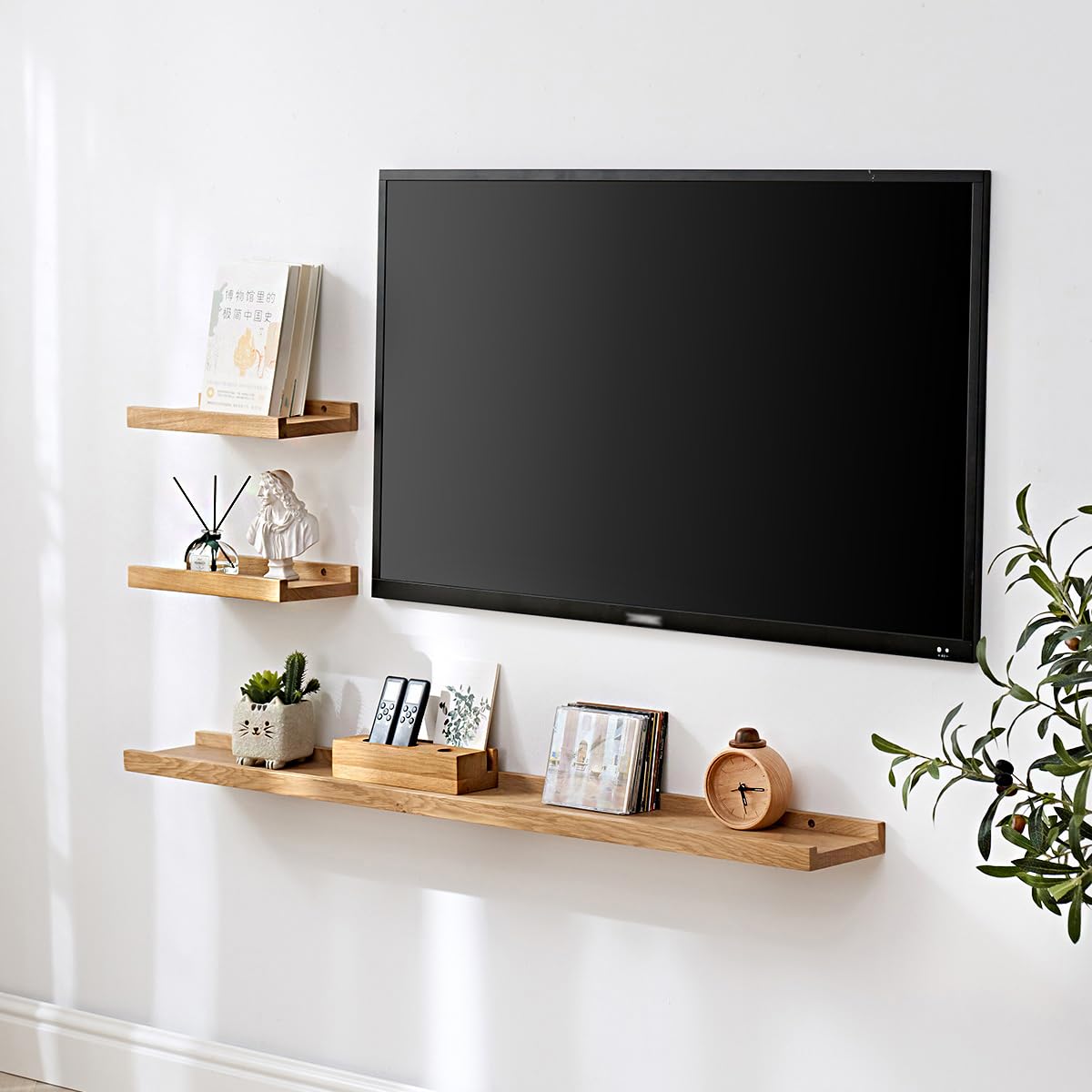 Estantes flotantes de Roble Macizo para Fotos, Libros, 90cm Estantería Madera Pared para el hogar, Oficina, Dormitorio, Sala de Estar, Baño