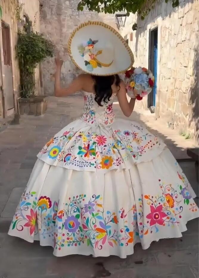 Modest Flowers Embroidered Charro 15 Dresses for Quinceanera Mexican Strapless Ball Gown Sweet 16 Dress 20252
