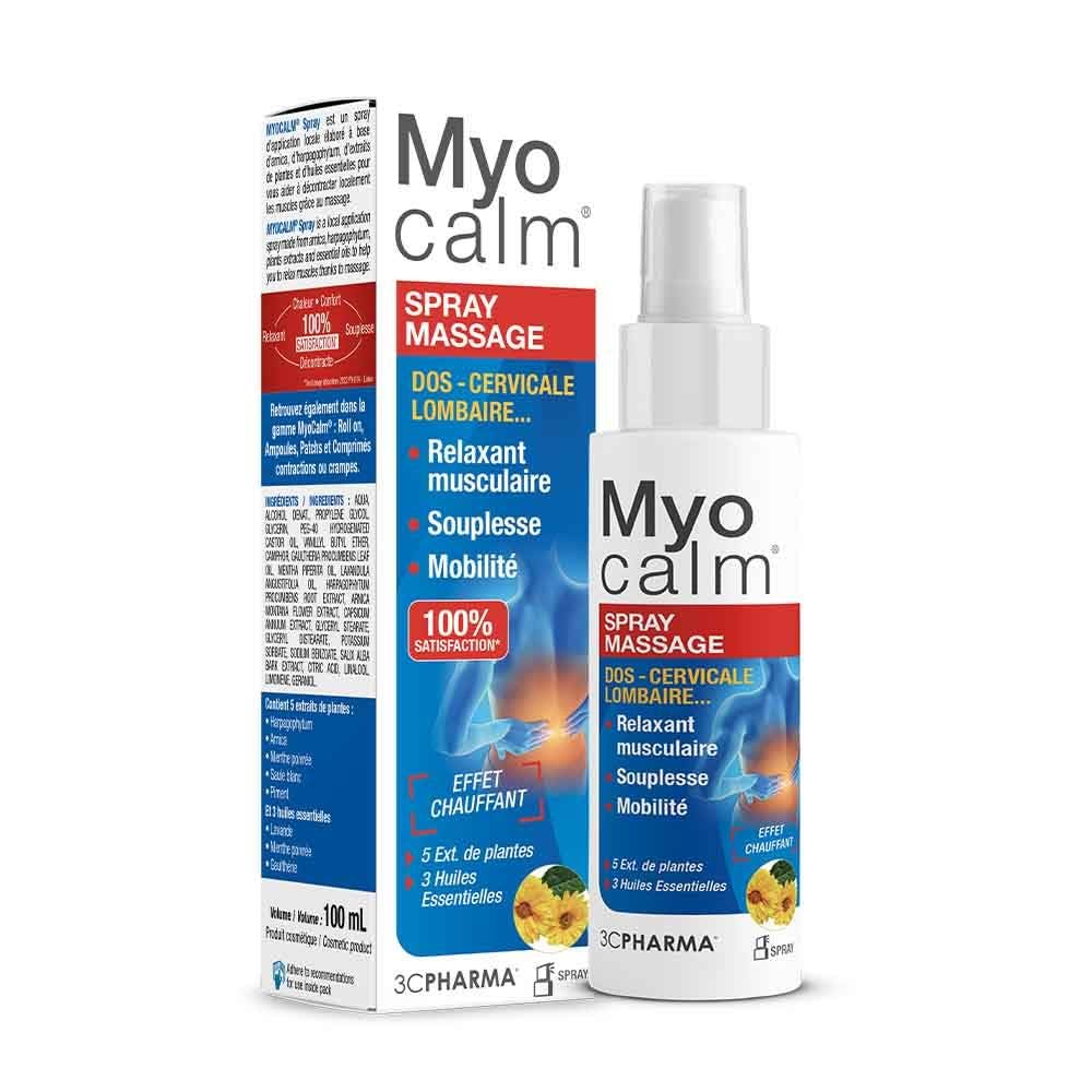 MYOCALM SPRAY - Spray Decontratto Muscolare per schiena, lombare, cervicali e polpette, formula con 4 estratti vegetali e 3 oli essenziali lenitivi | Flacone da 100 ml - 3C PHARMA