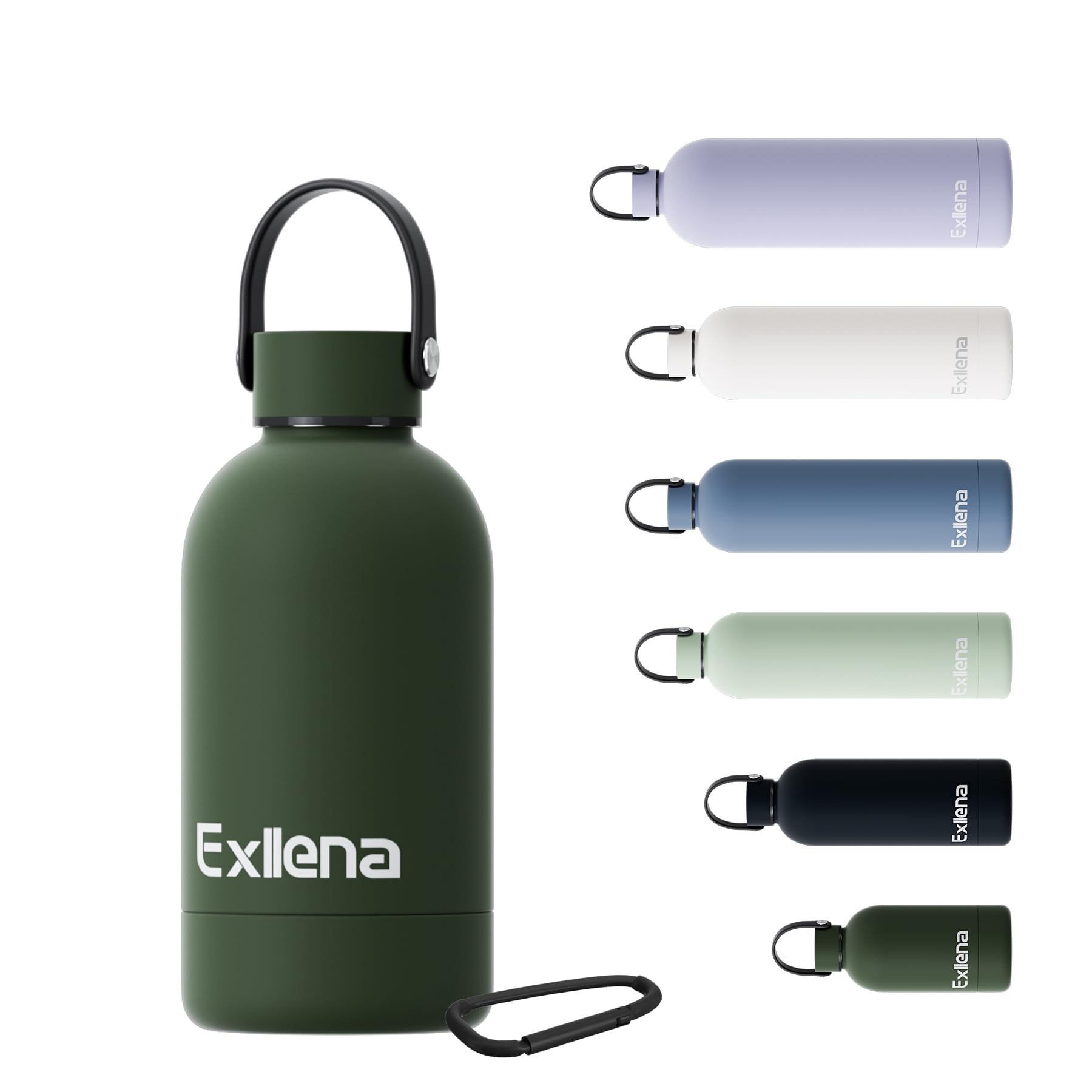 Exllena Borraccia Termica Piccola 350ml con Maniglia e Moschettone - Mini Borraccia Mantenere Calore/Freddo - Senza BPA - 100% A Tenuta Stagna per Escursioni, Campeggio, Viaggi...(Verde Pino)