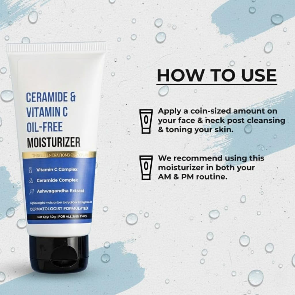 Dr Sheth Ceramide & Vitamin C, Oil Free, Lightweight Moisturizer to Hydrate & Brighten Skin with Vitamin C, Ceramide & Ashwagandha Daily Use Cream for Oily Skin, 50g, 1.76 Ounce