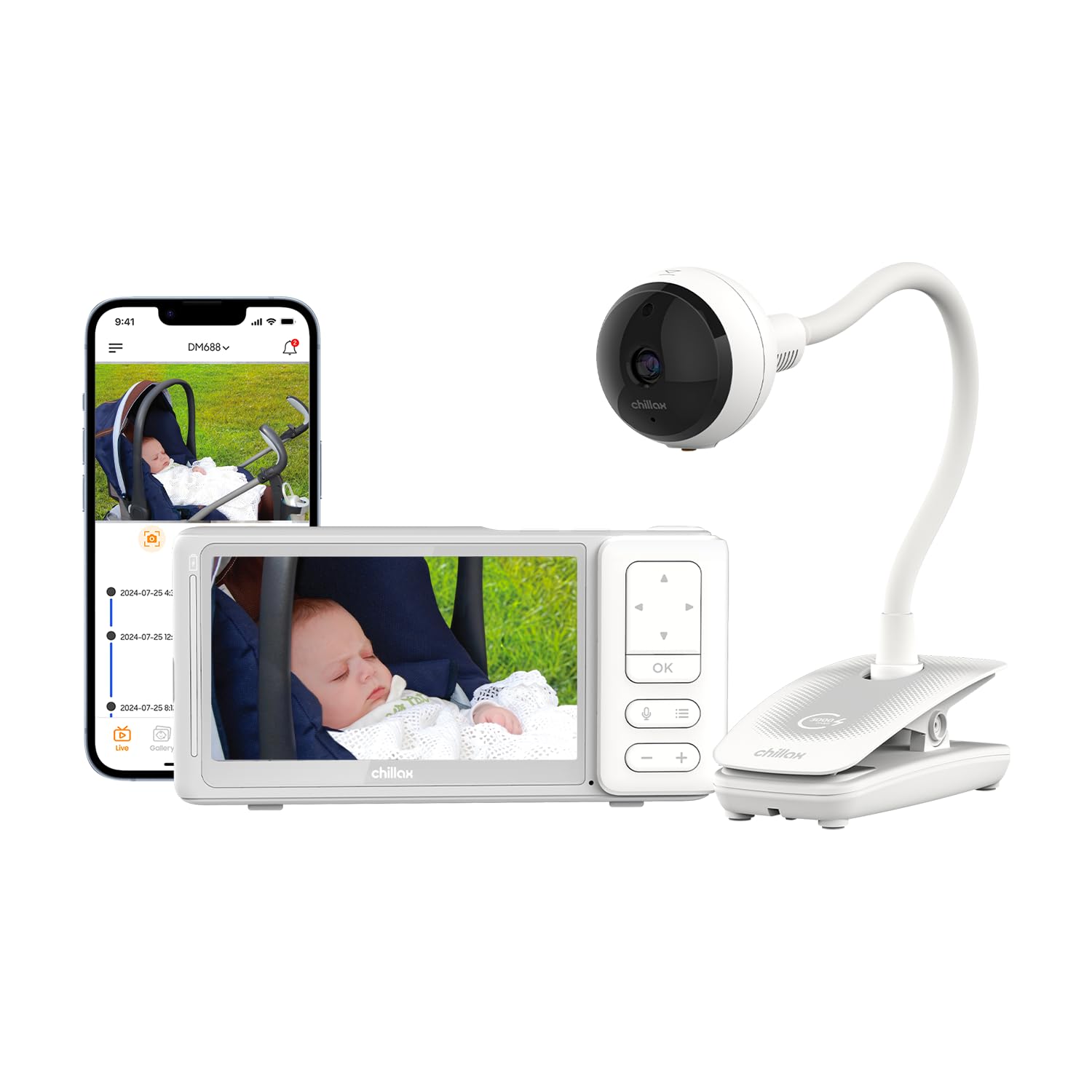 CHILLAX - Babyphone Camera Giraffe Clip Portable - Écran LCD HD 5'' - Caméra sans Fil Full HD 1080p -Tige Flexible - Vision Nocturne - Talkie-Walkie - WiFi on/Off - Alerte Son & Mouvement - avec App